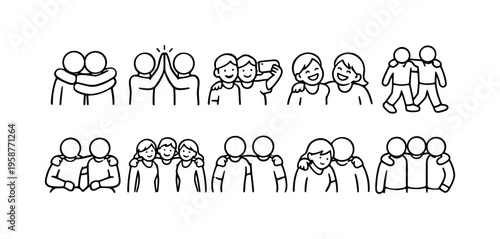 Collection of simple line art icons depicting friendship and togetherness