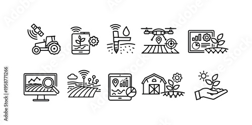 Smart farming technology icons showing innovation in agriculture and crop management