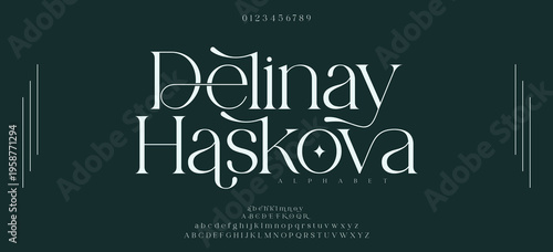 Delinay Haskova Elegant Fonts, Uppercase, Lowercase, and Numbers. Classic Letter Fashion Design. Typography, modern serif fonts, regular decorative vintage concepts. Vector illustrations, beauty.
