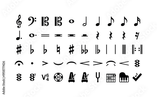 Collection of musical notation symbols including clefs, notes, rests, accidentals, and time signatures