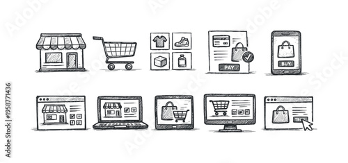 Collection of hand-drawn icons representing online shopping and e-commerce concepts
