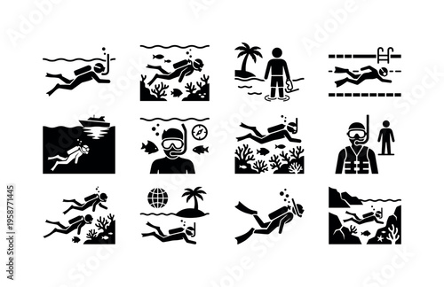 Collection of diverse icons representing snorkeling and scuba diving activities