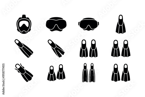 Collection of black icons representing snorkeling and diving equipment for water sports