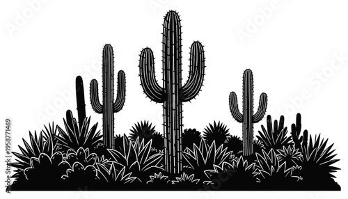 desert landscape with saguaro cactus and various succulents detailed botanical scene isolated on transparent background ideal for western themes nature design and desert graphics