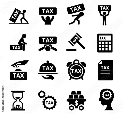 Tax icon set with 16 black vector symbols, financial burden and taxation concepts. Business accounting and tax payment icons. Debt, audit, and fiscal policy graphics for corporate presentations.