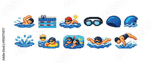 Pixel art swimming icons featuring swimmers, goggles, and pool elements
