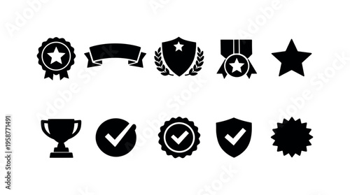 Collection of black award and achievement icons including trophies, stars, and badges