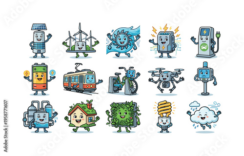 Cute cartoon characters representing renewable energy and eco-friendly transportation concepts