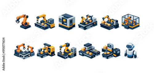 Collection of isometric industrial robots and automated manufacturing equipment icons