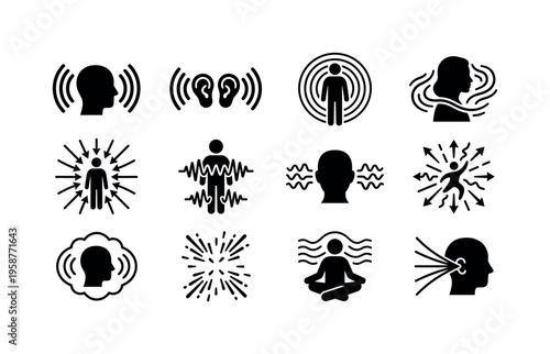 Collection of icons representing sound waves, hearing, and human perception