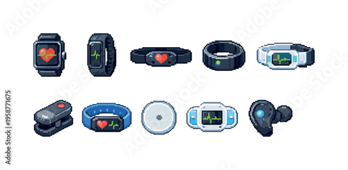 Collection of pixel art health monitoring devices and wearables for fitness tracking