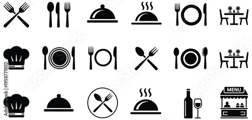 Restaurant and Dining Icon Set Featuring Chef Hats, Cutlery, Plates, Wine Glasses, Food Covers and Cafe Menu Silhouettes for Food Service, Hospitality, Kitchen and Catering Vector Illustration