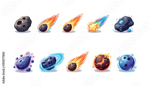 Collection of colorful, stylized celestial bodies and space phenomena