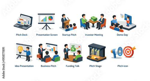 Business presentation and startup pitch icons collection for investment and ideas