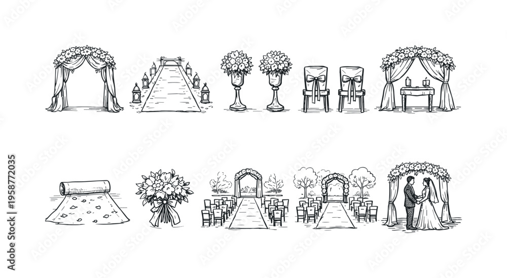 Fototapeta premium Collection of hand-drawn wedding ceremony elements and scenes for event planning