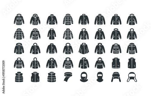 Collection of outerwear and winter clothing icons for diverse outdoor activities