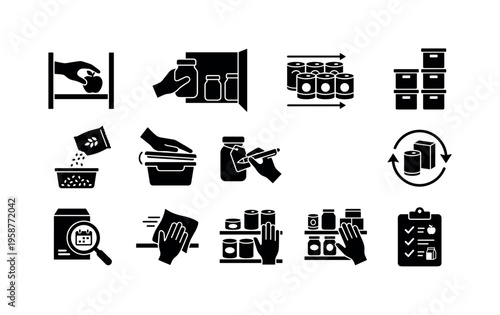 Icons illustrating food storage, organization, and inventory management practices
