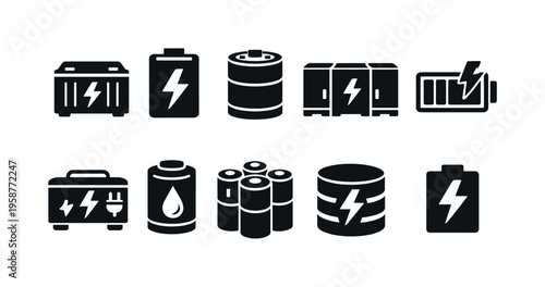 Collection of battery and power icons representing energy storage and charging solutions