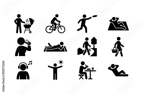 Collection of stick figure icons representing various summer leisure activities and relaxation