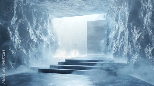 Wallpaper Mural Misty icy staircase leads to bright doorway in frozen cave with textured walls and foggy atmosphere Torontodigital.ca