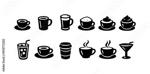 Collection of black icons representing various hot and cold beverages