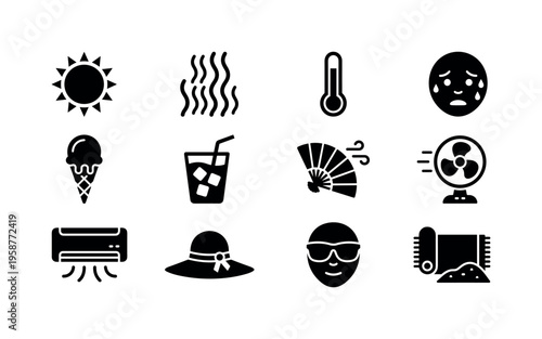Collection of summer heat and relief icons for hot weather