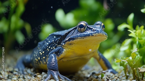 Wallpaper Mural Close up of a south american bullfrog sitting on gravel with green plants in the background looking alert and calm in its natural habitat with distinctive yellow belly and black spots Torontodigital.ca