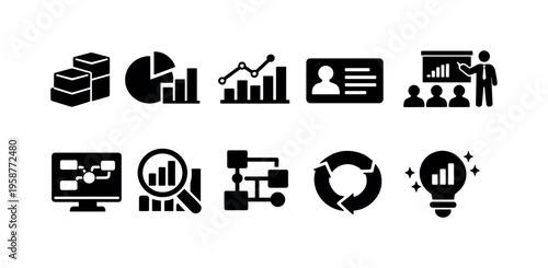 Collection of business and data analysis icons for presentations and reports