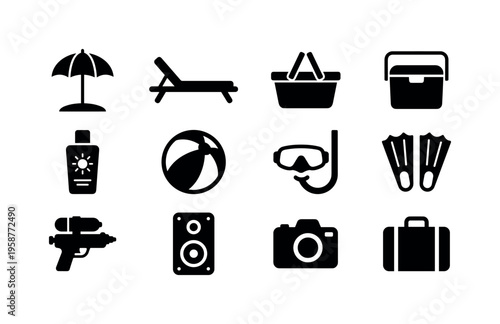 Collection of summer leisure and travel icons for vacation planning