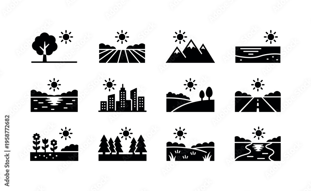 Naklejka premium Collection of diverse landscape icons under a bright sun