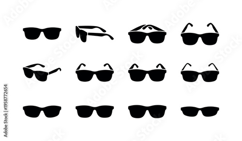 Collection of diverse black sunglasses silhouettes on a clean white background