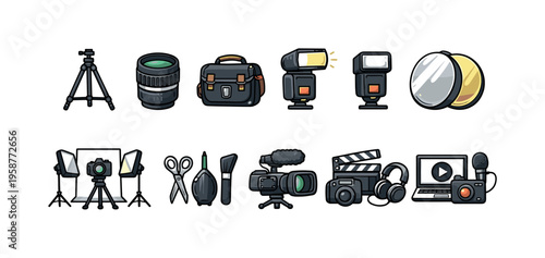 Collection of cartoon photography and videography equipment icons