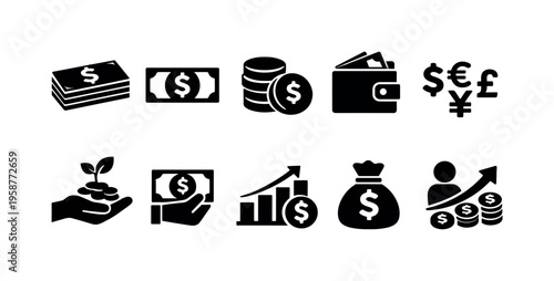 Collection of financial icons representing money, growth, and investment opportunities