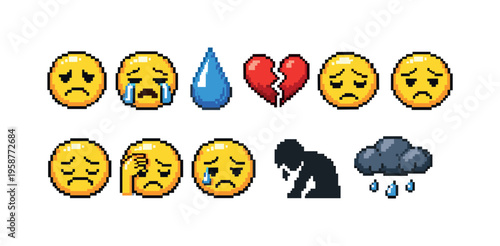 Pixel art sad emojis and symbols of heartbreak and despair