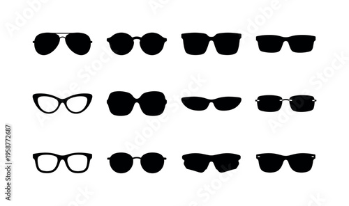 Collection of diverse black sunglasses silhouettes on a white background