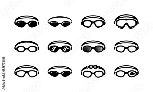 Collection of diverse swimming goggle icons for aquatic sports and activities