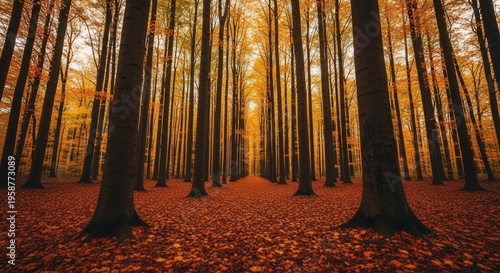Serene Autumn Forest Scene with Sunlight Filtering Through Tall Trees