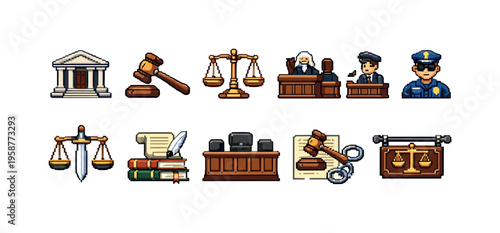 Pixel art icons representing justice, law, and order in a courtroom setting