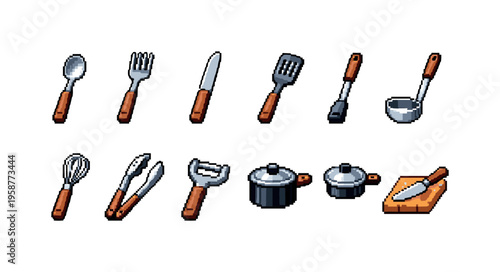 Pixel art collection of various kitchen utensils and cookware on a white background