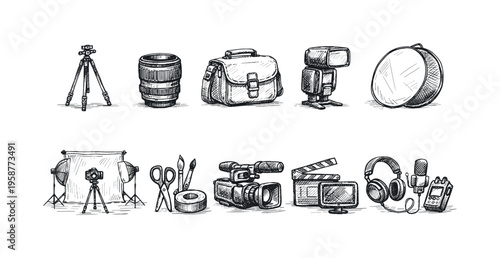 Collection of hand-drawn photography and videography equipment icons