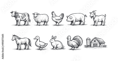 Collection of hand-drawn farm animals and barn in a charming sketch style
