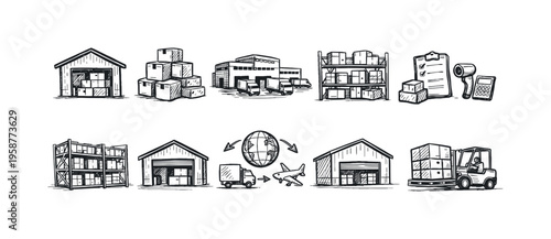 Hand-drawn icons illustrating logistics and supply chain operations with warehouses and transport