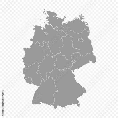 High quality detailed map of Germany with administrative boundaries of regions isolated on transparent background