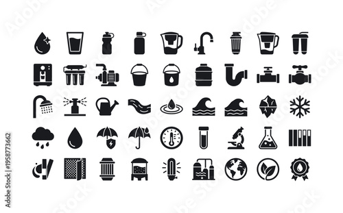 Collection of icons representing water purification, hydration, and conservation concepts