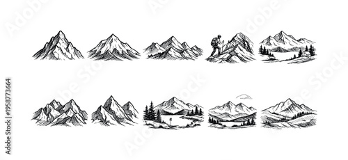 Collection of hand-drawn mountain landscapes and peaks in sketch style