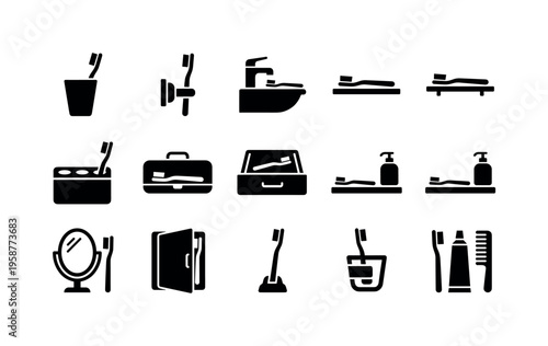 Collection of black icons representing various toothbrush and bathroom hygiene items