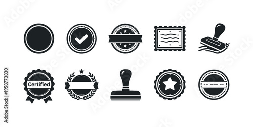 Collection of various rubber stamp and seal icons for design and approval