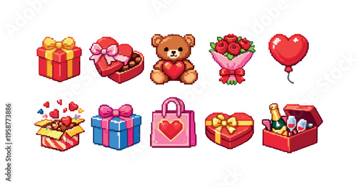 Pixel art collection of Valentine's Day icons featuring gifts, teddy bear, and flowers