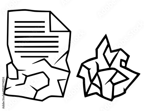 Crumpled and Folded Paper Document Sheet and Discarded Waste Paper Ball Icon