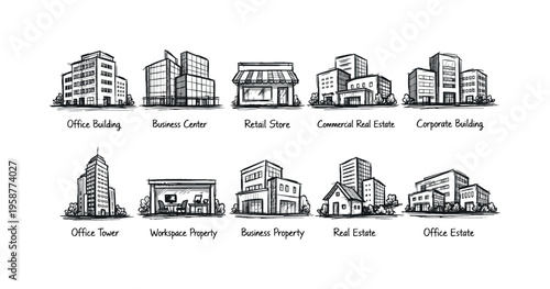 Collection of hand-drawn architectural building types for business and real estate concepts